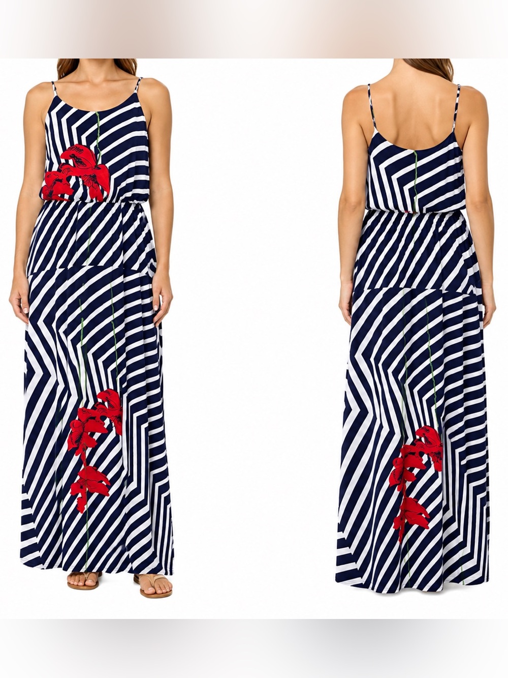 NWT NAÏF Navy & White Striped Red Floral Maxi Dress Size M /8-10